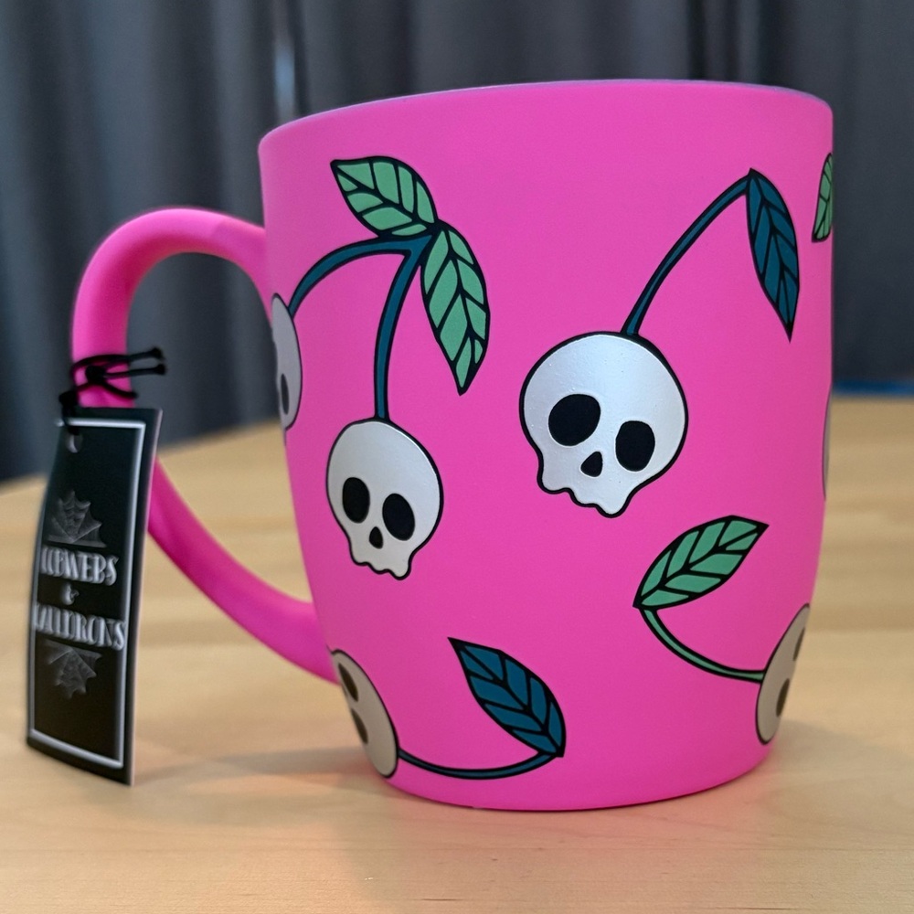 NWT Cobwebs & Cauldrons Pink soft touch mug skeleton cherry halloween black